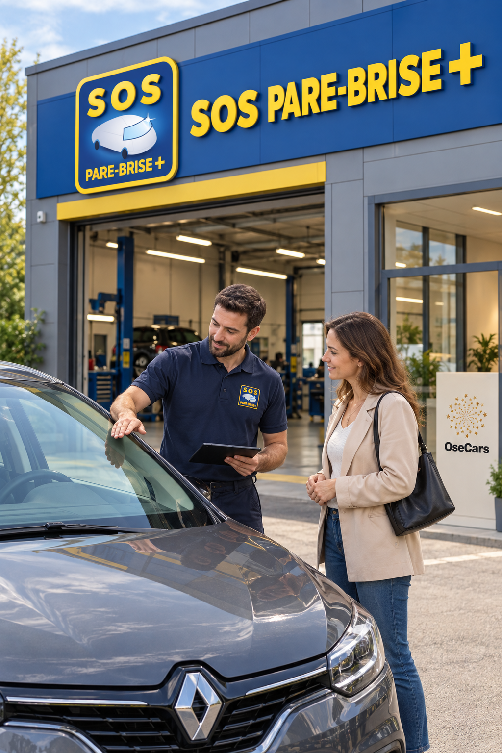 Illustration d’une pré-restitution devant un centre SOS Pare-Brise+, avec un support OseCars à l’accueil